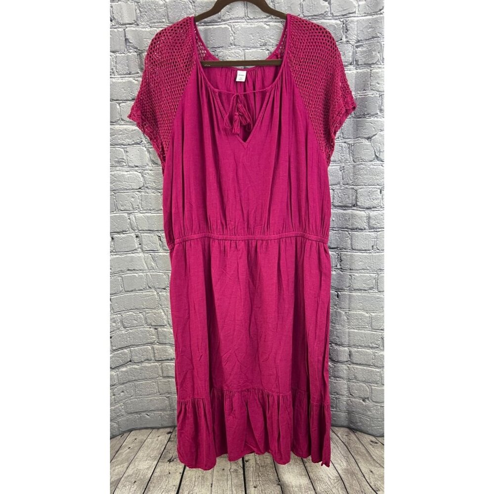 Old Navy Women's Berry Pink Crochet Lace Sleeve Tiered  Midi‎ Dress Size XXL